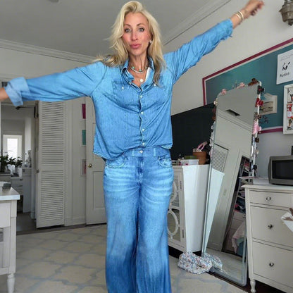 2-delig pyjamas-set in imitatie-denim voor dames